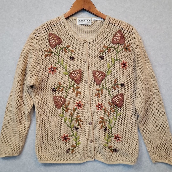 Jantzen Sweaters - Vintage Jantzen Cardigan Sweater Women's M Beige Embroidery Mushroom Aesthetic